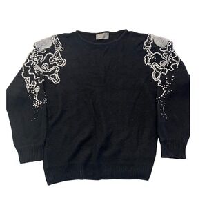 Gladys Bagley Vintage Black Knit‎ Sweater Pearl Embellish 80s Glam Pullover